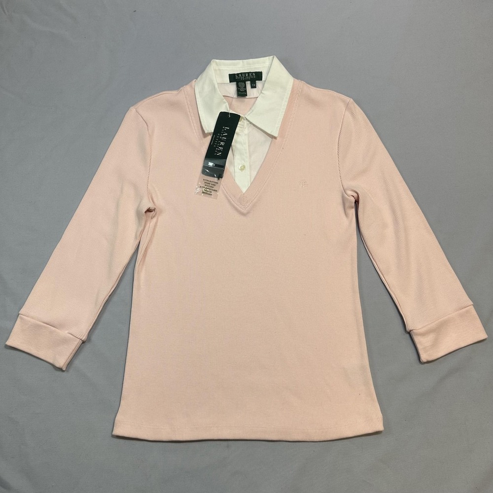 Vintage Lauren Ralph Lauren Polo Shirt Womens Petite P/M Pink Knit Cottage Prepp